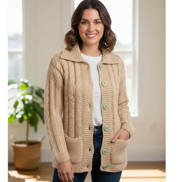 Vintage Hand Knit Chunky Button Front Cardigan Fisherman Wool Sweater Size S - Picture 1 of 9